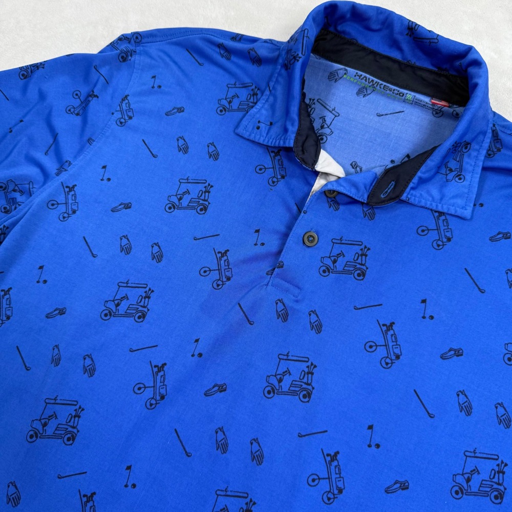 Hawke‎ & Co Mens XL Performance Golf Polo Shirt Blue Golf Cart Print HSW3143